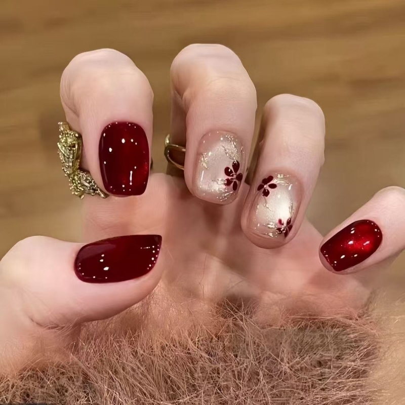 【红焰金枝】秋冬新款半手工穿戴甲国风流光鎏金猫眼高级显白美甲