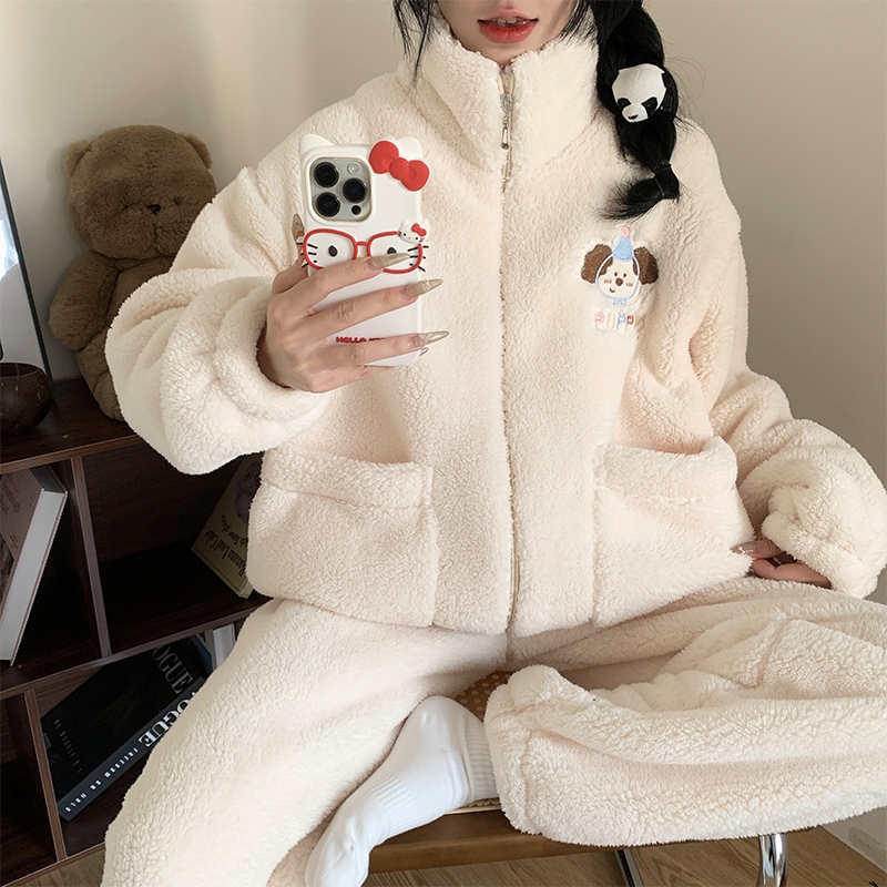 睡衣女秋冬季珊瑚绒加绒长袖套装