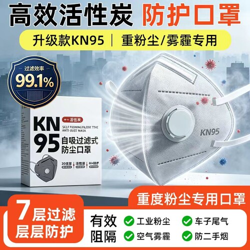kn95口罩防尘透气工业粉n95耳朵呼吸阀活性炭头戴式打磨电焊防护