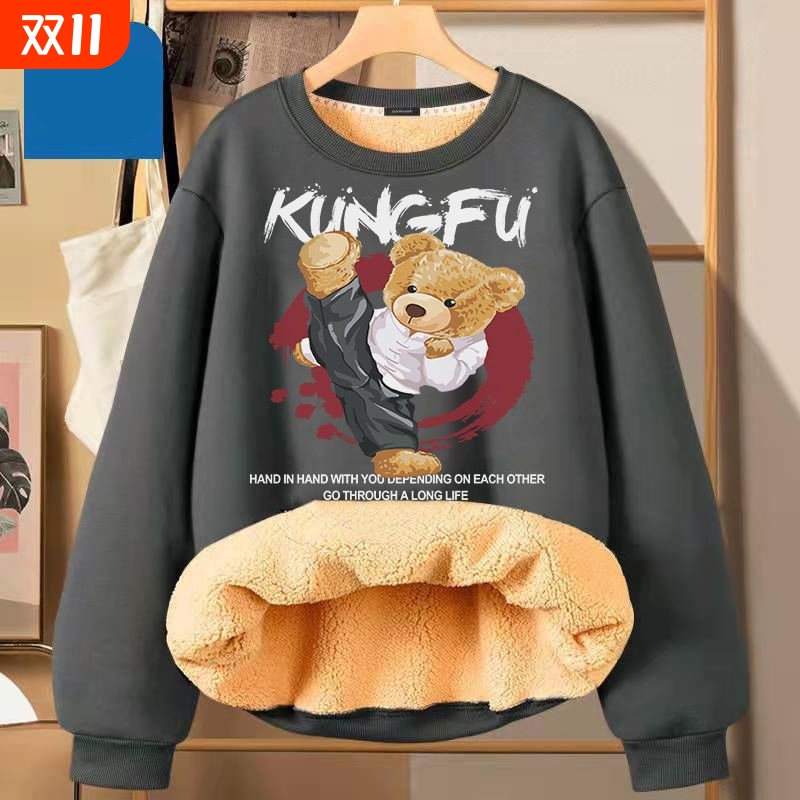 羊羔绒卫衣男女同款冬季加绒加厚宽松百搭印花学生外套登山防寒