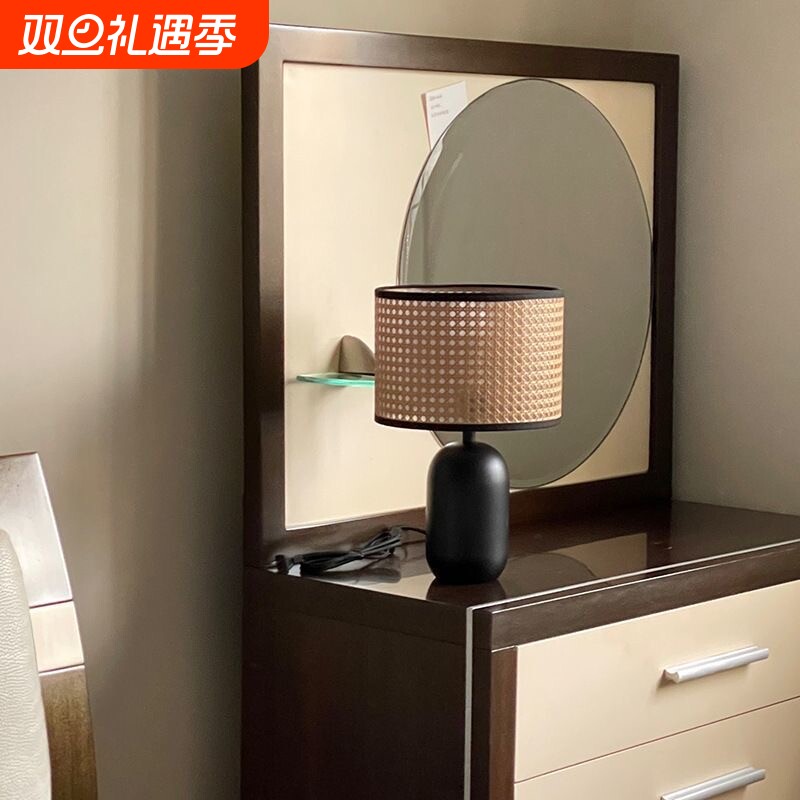 复古侘寂风藤编台灯卧室美式中式复古中古轻奢客厅边柜装饰床头灯