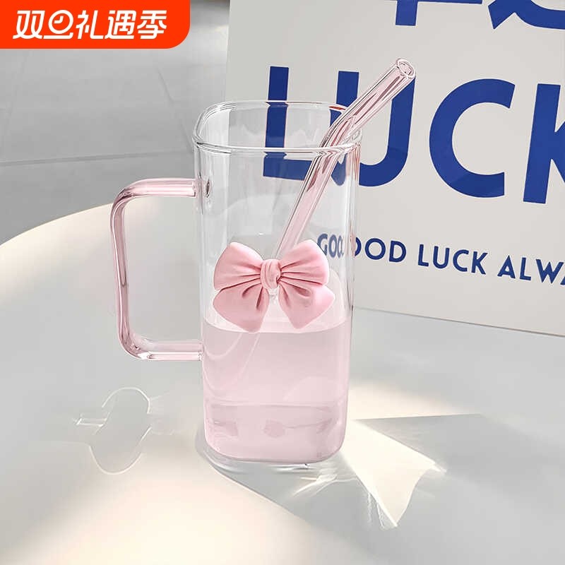 透明简约方形水杯女ins风带把手玻璃杯吸管杯子耐高温咖啡牛奶杯