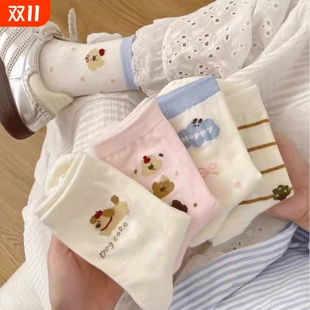 卡通袜子女纯棉中筒袜春秋日系可爱学院风蝴蝶结小狗条纹女士长袜