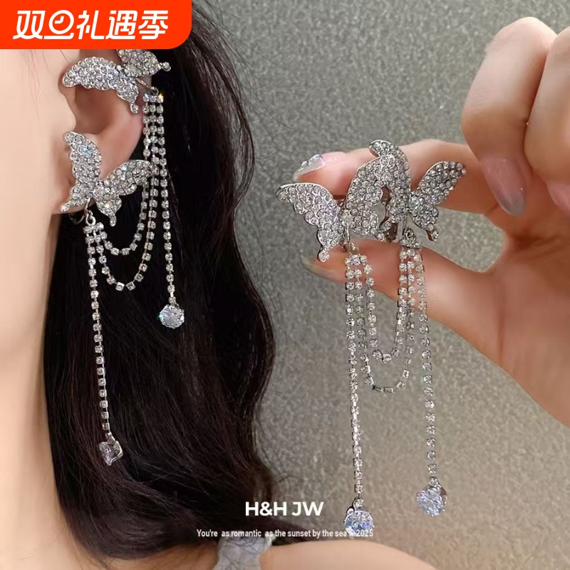 超闪满钻蝴蝶流苏无耳洞耳夹女2025新款高级感气质耳骨夹仙女耳饰