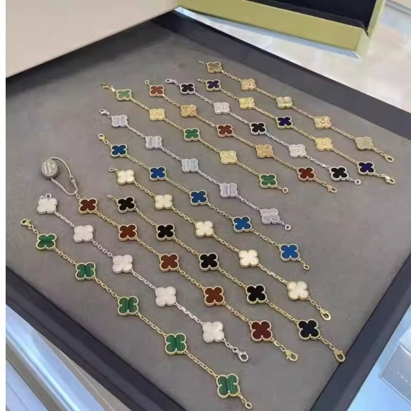 幸运四叶草五花手链女款红玛瑙贝母轻奢小众精致叠戴黄金虎眼石