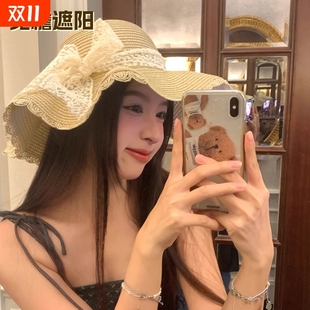 大帽檐蕾丝遮阳蝴蝶结 出游草帽海边沙滩太阳帽女2025新款 法式 夏季