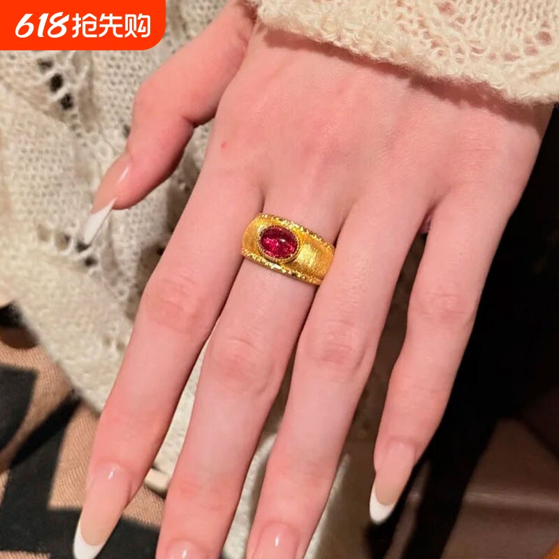新中式拉丝鸽子蛋镶嵌戒指复古宫廷风宽版精致戒指指环开口可调节