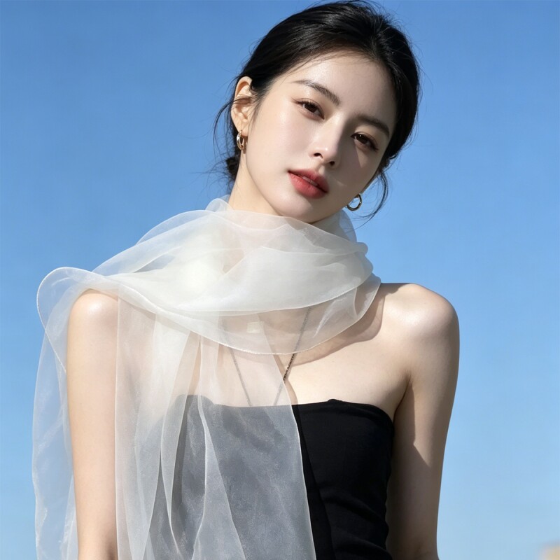 夏季薄款长款丝巾白色披肩女外搭桑蚕丝流苏边轻薄纱巾系脖颈饰夏