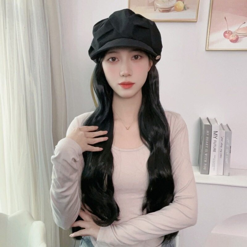 韩系帽子假发女修脸长卷发云朵贝雷帽一体时尚大波浪假发帽子批发