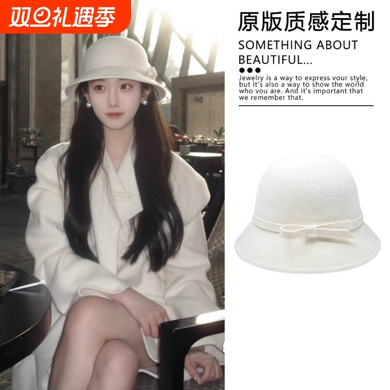 富家千金礼帽英伦风复古气质圆顶帽子女秋冬季保暖法式白色渔夫帽