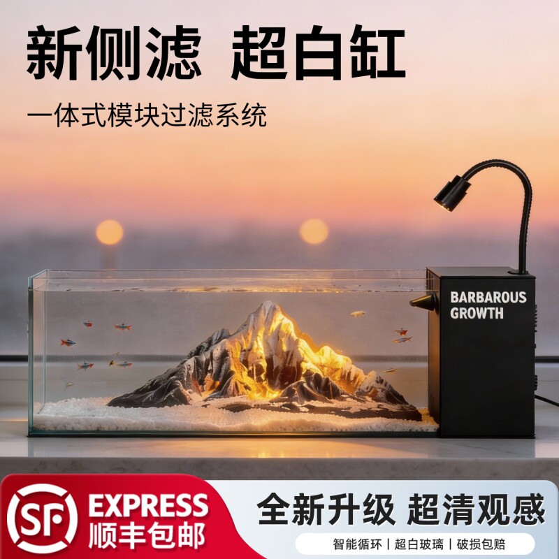 2025新款溪流缸侧滤小型家用客厅造景鱼缸超白玻璃过滤制氧一体机