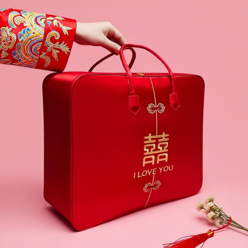 结婚陪嫁喜被收纳袋婚庆四件套红色装棉被的包装袋子超大缎面手提