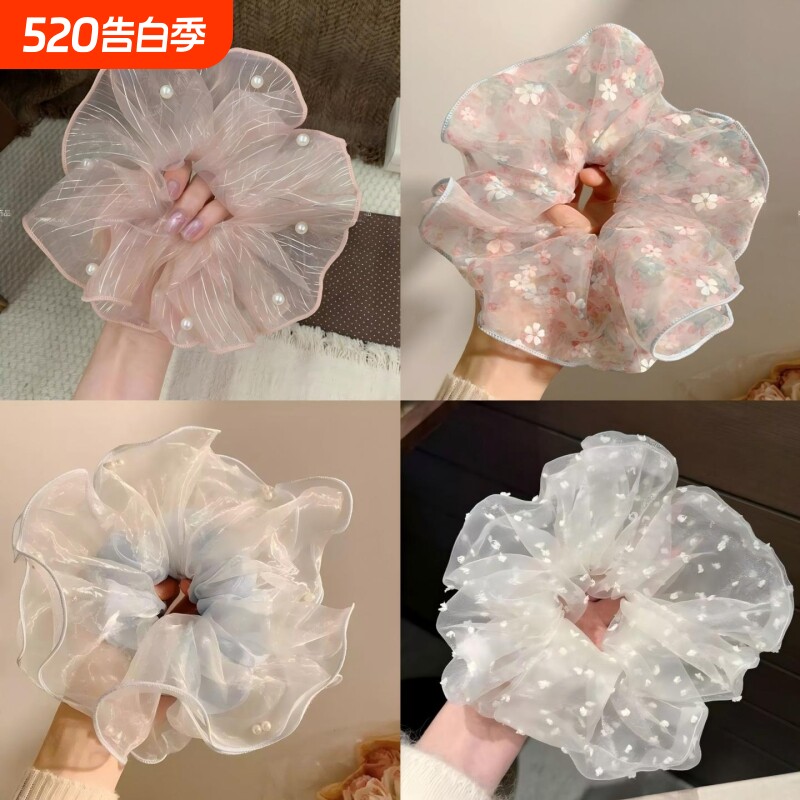 泡泡纱碎花韩国大肠粉色发圈高级头绳超大发饰波点蓝色网纱欧根纱