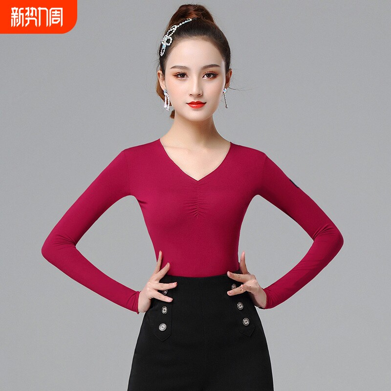 丹宝罗红色摩登舞上衣长袖交谊舞服装V领舞蹈服紧身形体服练功服