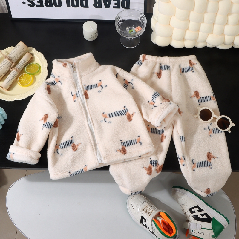 儿童睡衣秋冬加厚男童女童法兰绒立领开衫宝宝加绒冬季家居服套装