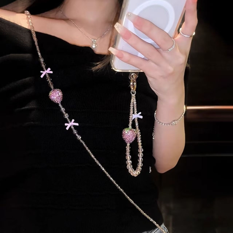 夏日小清新串珠手机挂链闪钻草莓长款斜挎手机挂绳dly饰品配件