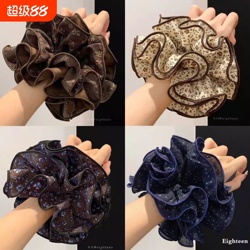 发圈女大肠碎花扎头发大号复古发饰头绳黑色波点布艺雪纺蓝色棕色