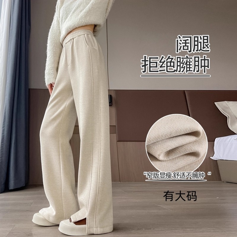 人字纹加绒阔腿裤女秋冬2025新款毛呢休闲裤子直筒窄版香蕉裤大码