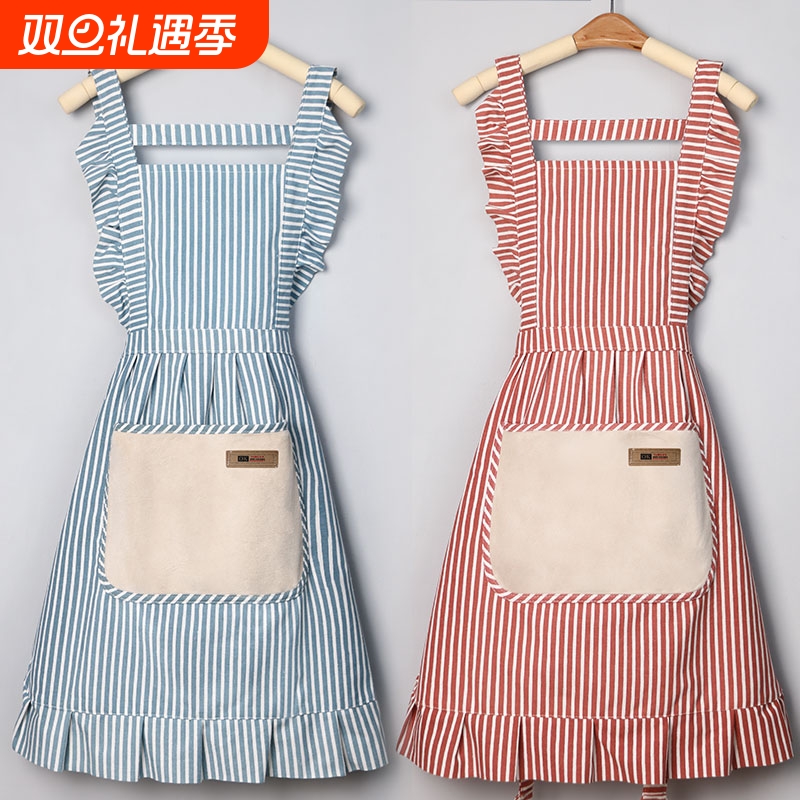 围裙女家用厨房餐饮专用工作服2025新款网红棉麻围腰时尚背带红色