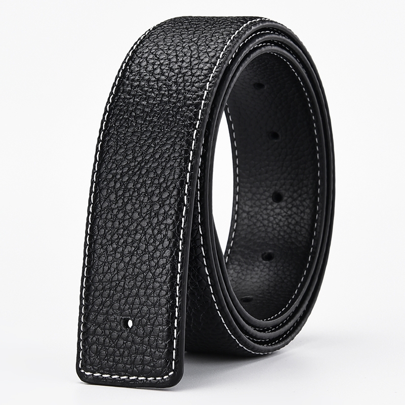 无头H家纯牛皮皮带男士平滑扣打孔商务腰带身带条3.8cm针扣头层