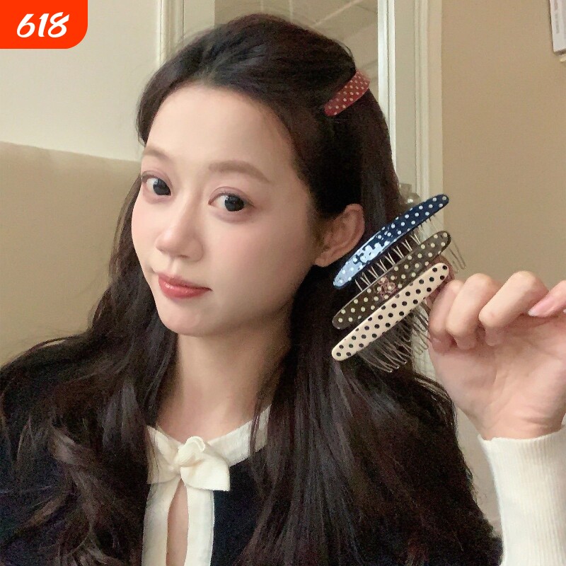 复古波点醋酸弧形齿梳发卡整理碎发神器倒插梳蓬松高颅顶红色白色