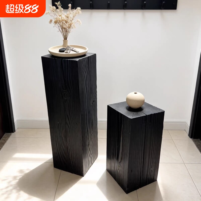 实木碳化黑原木墩根雕民宿摆件树桩矮木凳玄关花架展示架简约方形图片