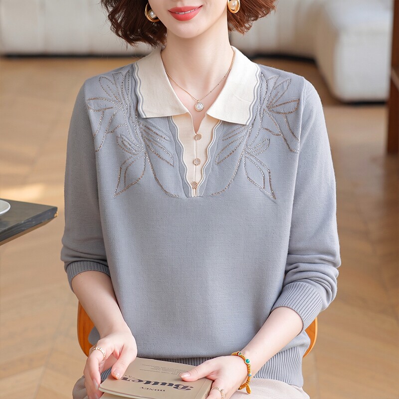 早秋中老年女装针织衫上衣妈妈装宽松打底衫春秋新款翻领长袖小衫