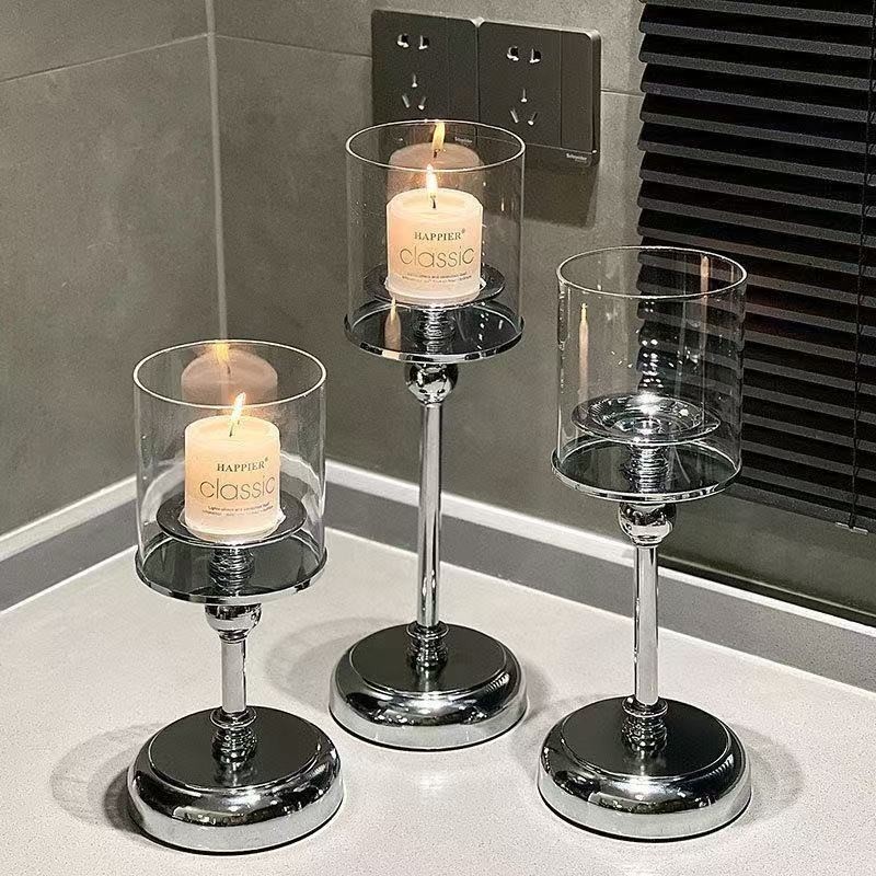 复古玻璃烛台香薰蜡烛装饰摆件烛光餐桌道具浪漫布置轻奢风银色