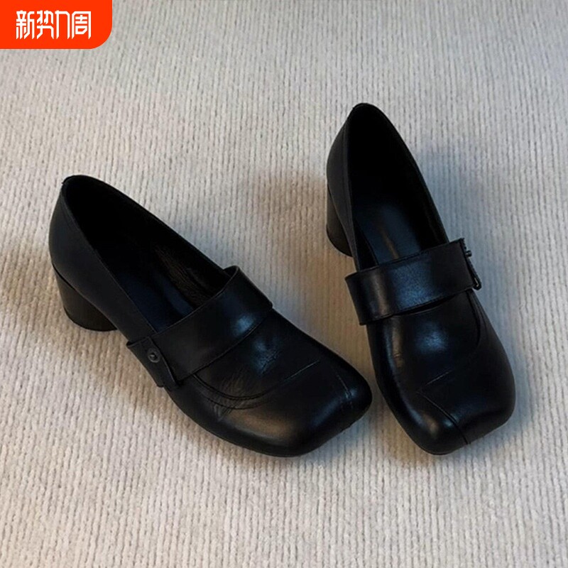 羊皮版~小众懒人一脚蹬复古风方头粗跟乐福鞋女真皮一脚蹬小皮鞋