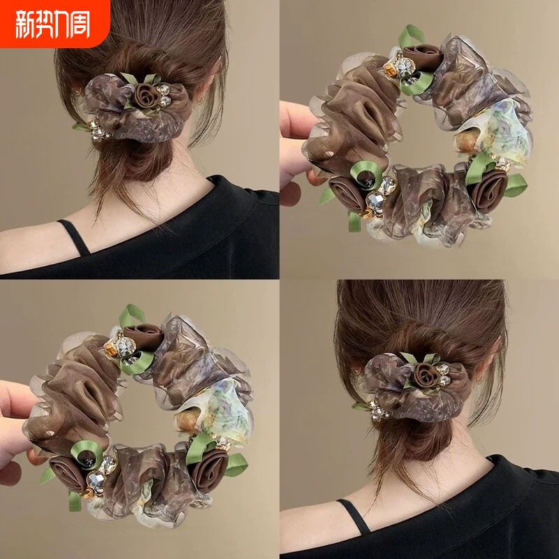 高级感榛果雾纱大肠发圈女2026新款盘发头绳复古花朵橡皮筋发饰