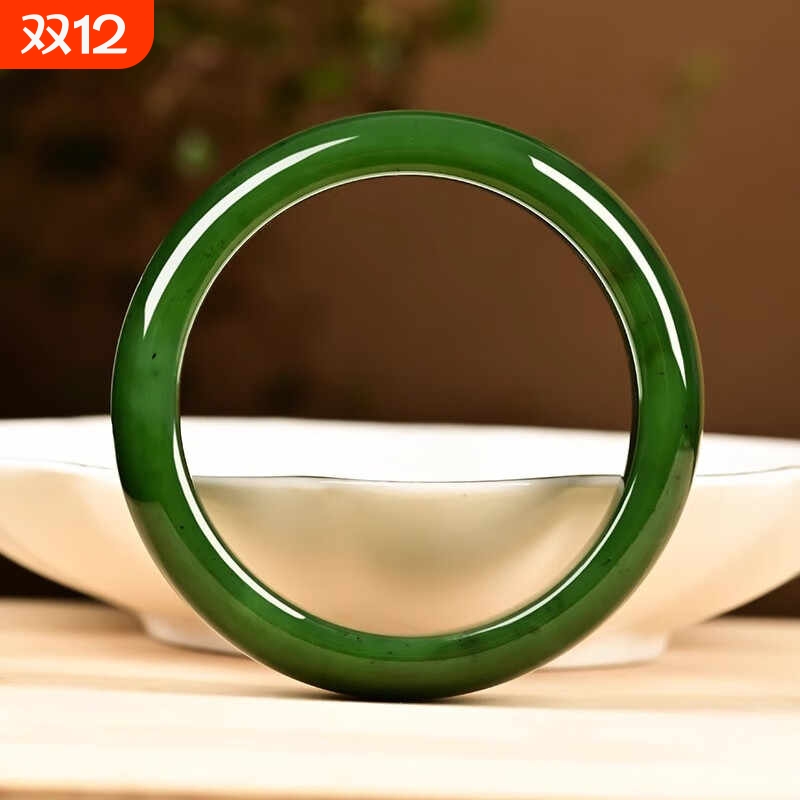 新疆和田碧玉手镯俄料老坑菠菜绿真玉石镯子收藏级国风女友妈妈礼