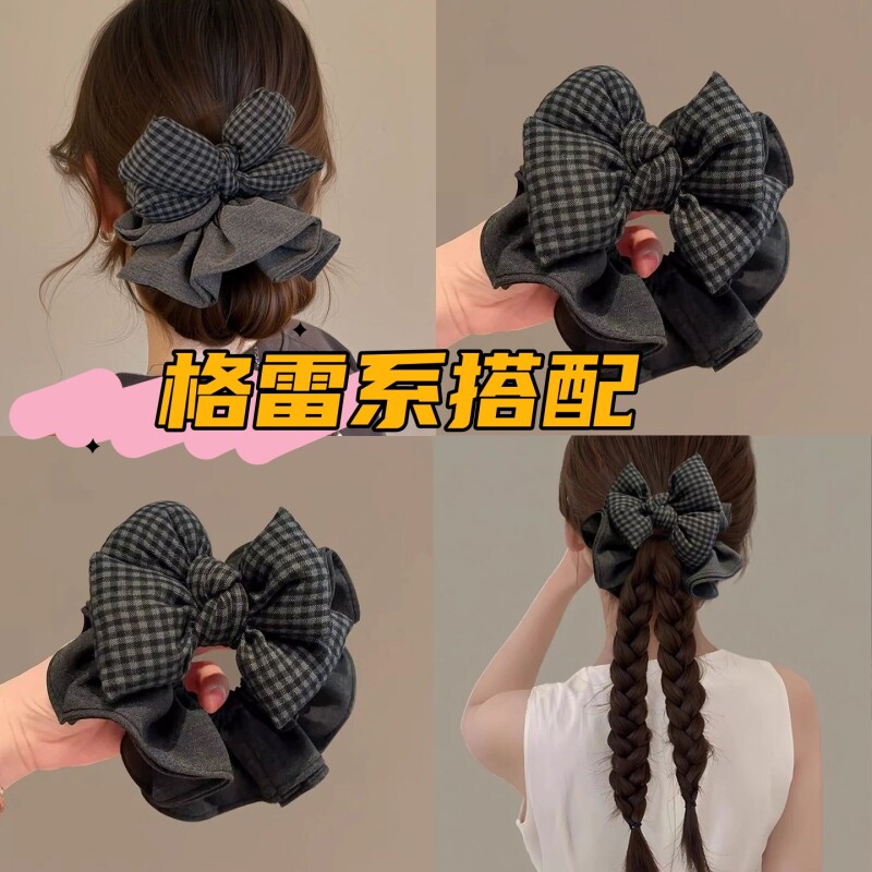 黑灰格纹立体蝴蝶结发绳发圈2025年韩系简约大肠气质优雅头绳发饰
