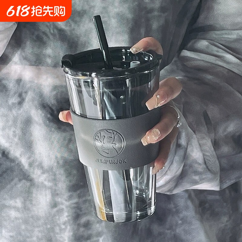 水杯夏日新款女办公室轻奢玻璃杯男生带吸管咖啡杯家用高颜值杯子