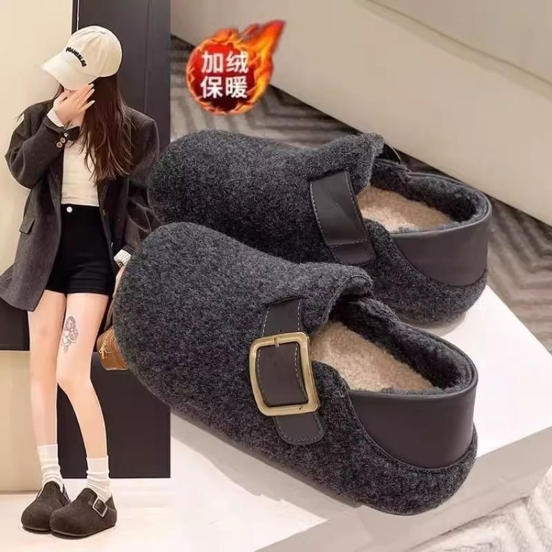 厚底勃肯鞋毛呢搭扣女2025年秋冬新款包头半拖鞋棉鞋内增高灰色