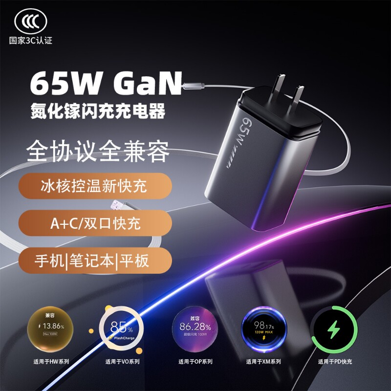 氮化镓65W充电器双口120W适用华为小米vivo荣耀安卓usb接口办公多功能通用笔记本快充闪充协议全兼容耳机