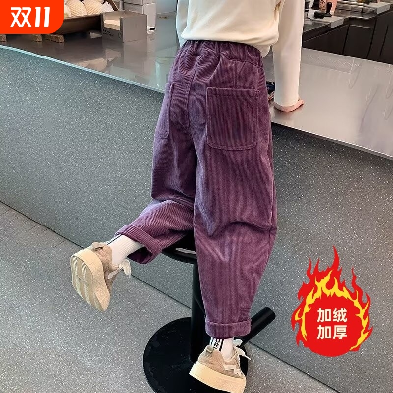 女童加绒灯芯绒裤子秋冬款2025新款儿童休闲老爹裤冬季加厚萝卜裤