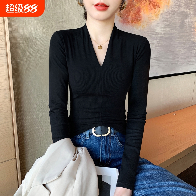 黑色深v领打底衫女内搭秋冬2025新款高级感洋气紧身低领长袖上衣