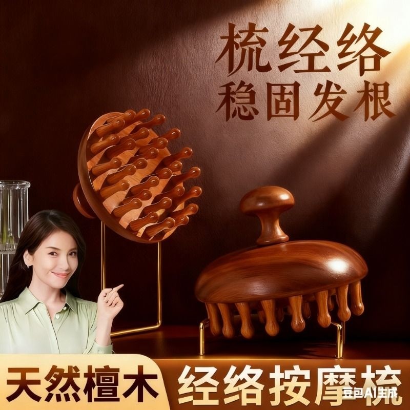 檀木圆盘按摩梳头部头皮经络梳毛囊疏通神器养发保健宽齿梳子便携