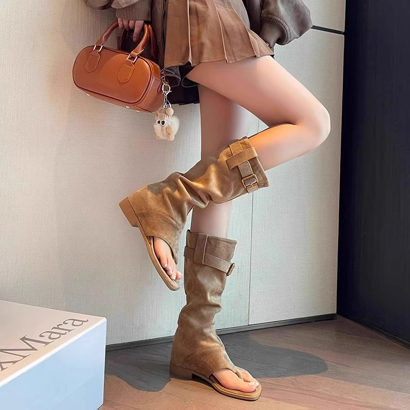 内增高人字凉靴女2025新款夏季堆堆裤管靴厚底百搭露趾夹脚凉鞋