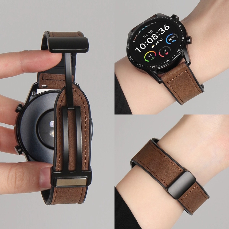 适用华为GT5疯马纹皮质表带watch3pro手表gt4耐脏pro新款watchgt5磁吸gt3真皮智能4pro运动gt女2男女秋冬款