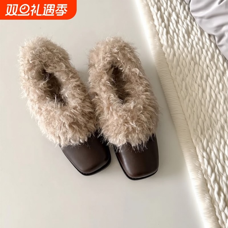 牛皮版~方头毛毛鞋一脚蹬复古加绒保暖玛丽珍小皮鞋棉鞋粗跟单鞋