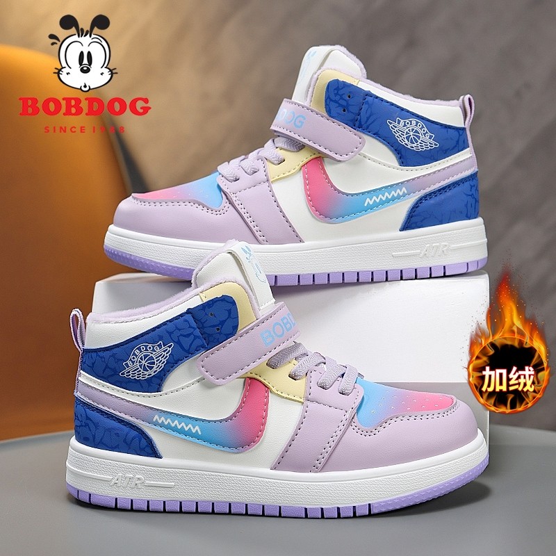 巴布豆女童鞋子秋冬季新款加绒二棉皮面保暖大棉女童鞋儿童运动鞋