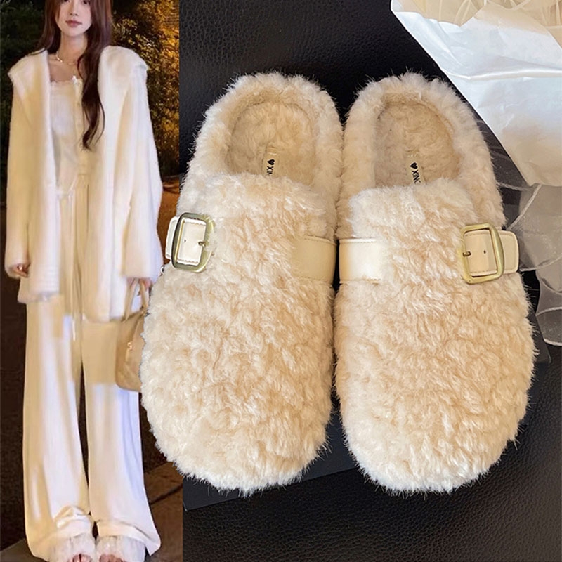 厚底包头勃肯毛毛拖鞋女外穿2025秋季新款一脚蹬加绒羊羔毛棉拖鞋