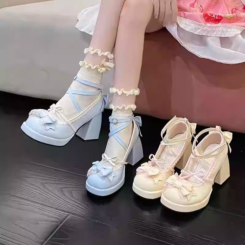 Lolita鞋气质玛丽珍防水台粗跟高跟鞋绑带蝴蝶结甜美少女洛丽塔鞋
