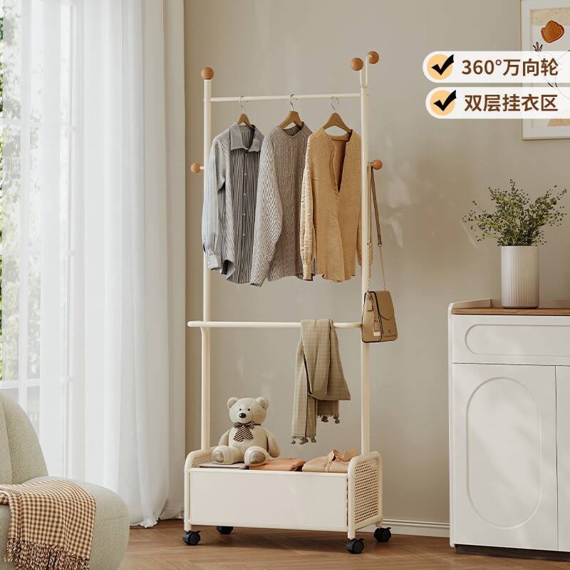 风家用女生卧室挂衣架可移动简易落地衣帽架收纳客厅双层轻奢金属