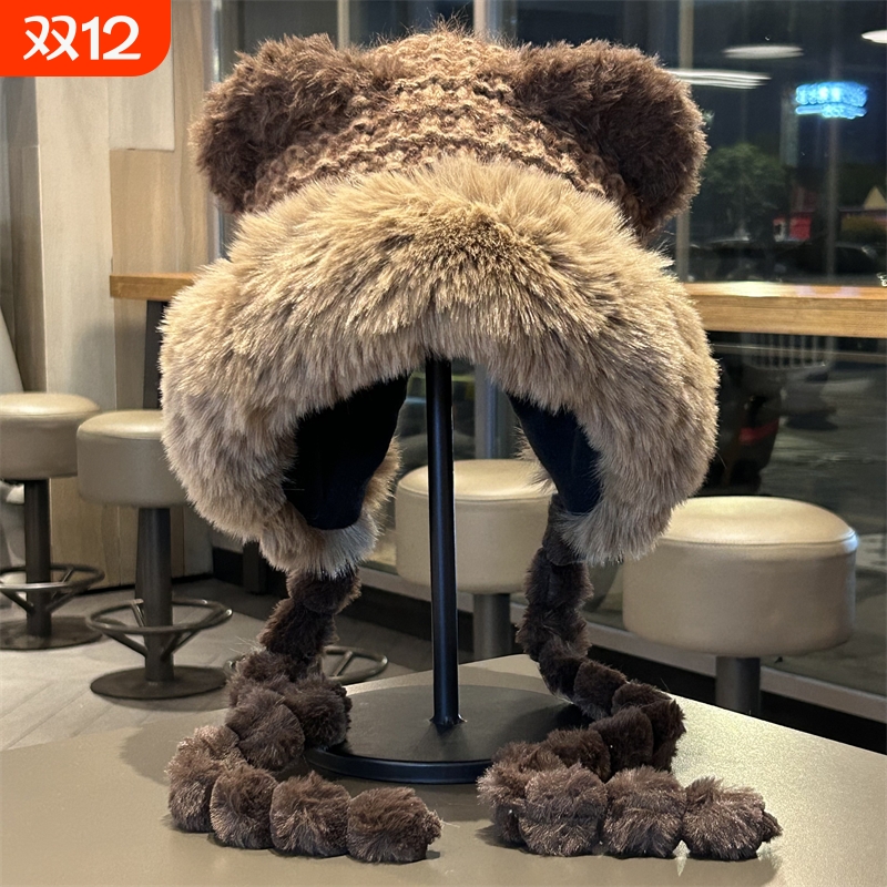 冬季小熊显脸小帽子女可爱加厚保暖毛绒护耳帽甜美百搭防寒雷锋帽