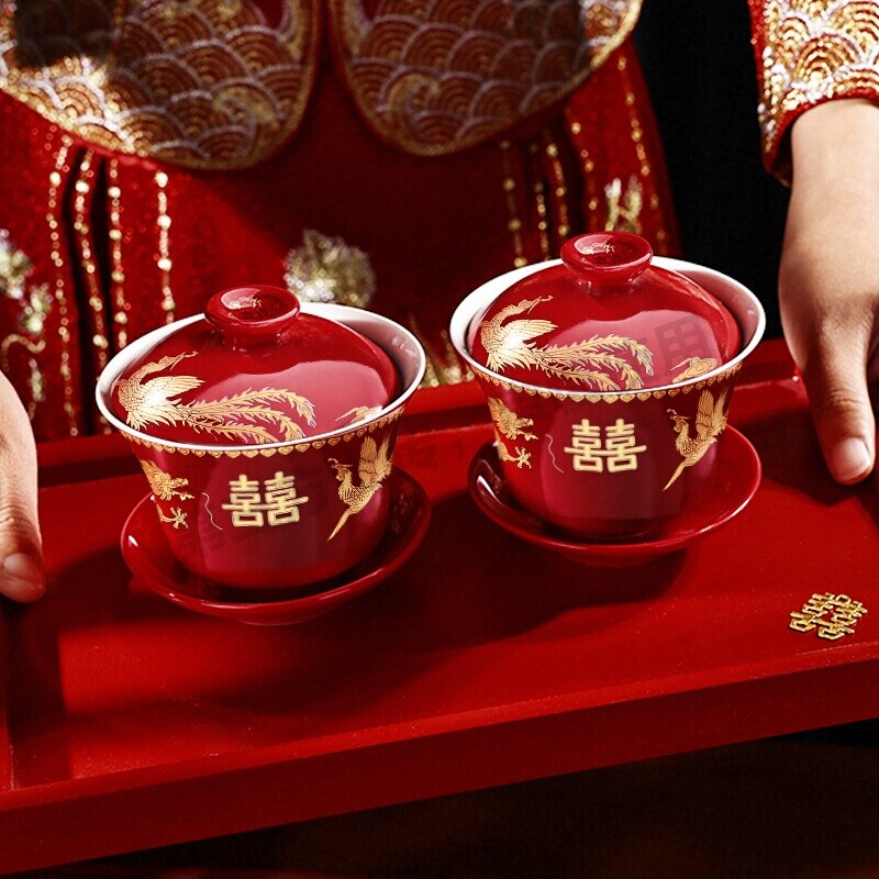 敬茶杯结婚用品喜碗敬酒茶杯对碗改口陪嫁碗筷套装茶碗陶瓷托盘