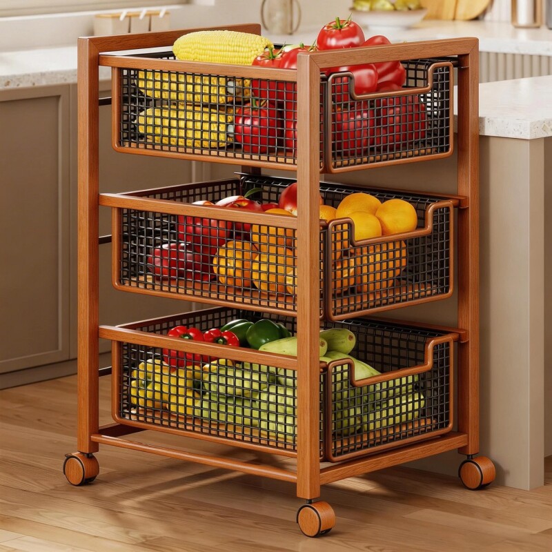 厨房蔬菜水果置物架放菜篮筐抽拉篮客厅落地多层可移动收纳小推车