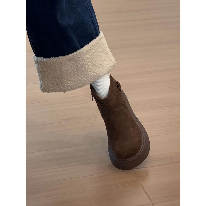 绒面厚底马丁靴女2025新款冬季加绒保暖勃肯棉鞋短靴平底磨砂圆头