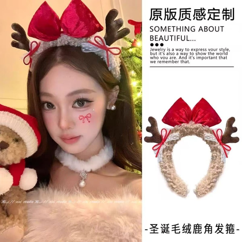 圣诞红色蝴蝶结鹿角毛绒发箍节日氛围感装扮头饰可爱头箍发饰新品